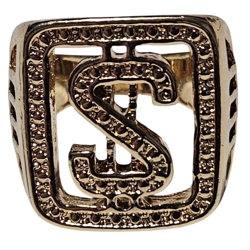 Dollar Sign Statement Ring Size 9.5 Rhinestones Gold Tone Statement Jewelry Men